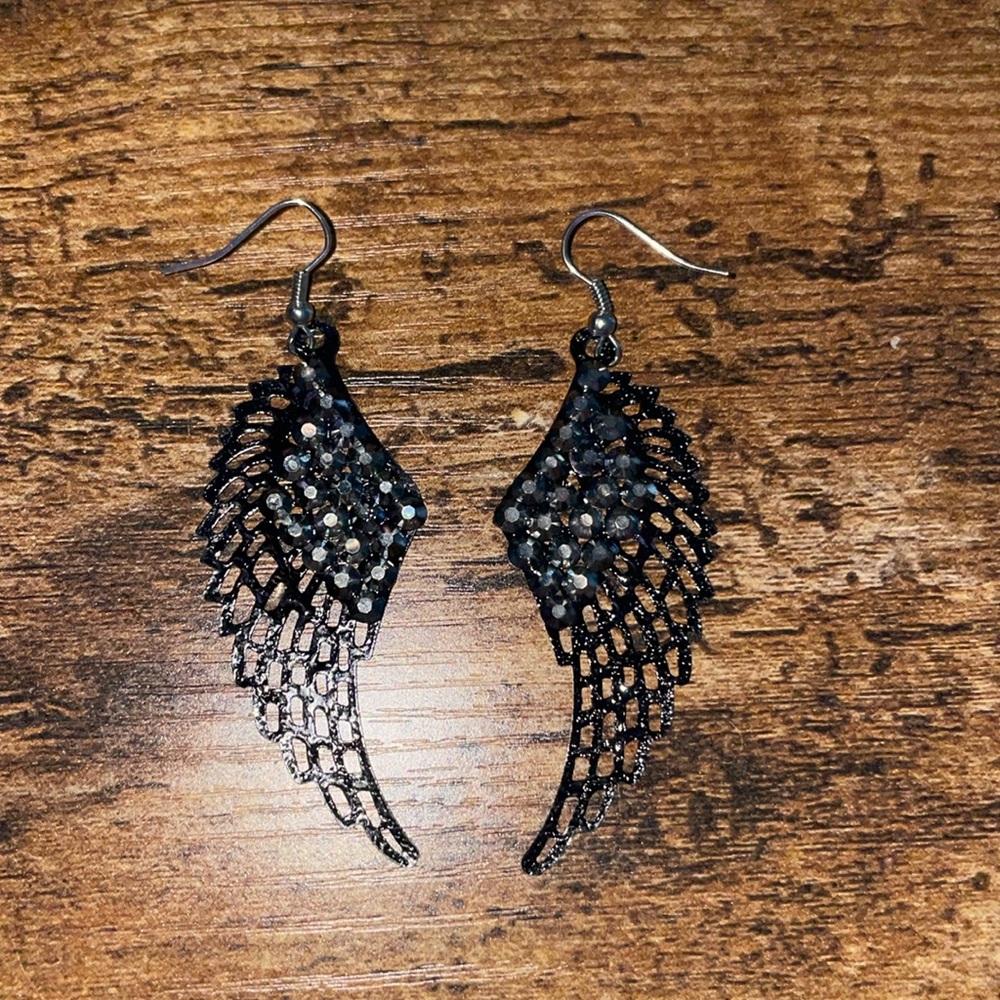 Black and silver wing earrings